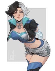 bent_over big_breasts cleavage female female_only luna_snow luna_snow_(marvel_rivals) marvel marvel_rivals midriff navel smile thick_thighs