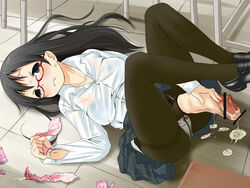 black_hair blush breasts condom cum futanari glasses grey_eyes hair huge_cock intersex large_breasts long_hair masturbation on_back on_ground panties pantyhose penis retsu_maru shoes skirt used_condom