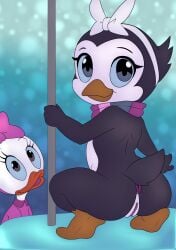 accessory anatid anseriform anus ass avian beak bird bow_ribbon clothed clothed_female clothing crouching dancing disney duck ducktales female flat_chested genitals hair_accessory hair_ribbon hairbow hi_res joykill looking_at_viewer looking_back nude nude_female open_beak open_mouth penguin pole pole_dancing pussy rear_view ribbons scarf skittles solo_focus stripper_pole tail webby_vanderquack