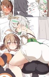 2girls 3girls :q ahoge ass bangs bare_shoulders bike_shorts blush brown_eyes brown_hair closed_mouth detached_sleeves dress eyebrows_visible_through_hair female green_eyes hair_between_eyes heart hololive long_hair multicolored_hair multiple_girls open_mouth short_hair shorts silver_hair smile streaked_hair striped striped_legwear tagme tongue tongue_out two-tone_hair virtual_youtuber white_hair