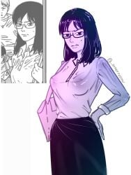 1girls _hyperfollow_(artist) annoyed annoyed_expression background_character black_hair chainsaw_man female female female_only glasses hand_on_hip handbag mole mole_under_eye monochrome nipples_visible_through_clothing pencil_skirt softcore unnamed_character wet_shirt