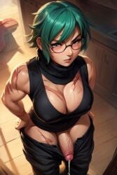 1futa abs ai_generated black_turtleneck cleavage futanari futanari glasses green_hair large_breasts large_penis maki maki_zenin muscular muscular_futanari pants_down penis precum precum_drip precum_string scars short_hair strong tactical_pants thong turtleneck veiny yellow_eyes zenin_maki