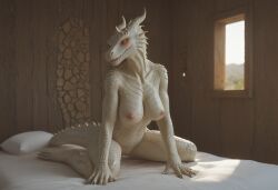 ai_generated anthro anthropomorphic baldur's_gate baldur's_gate_3 beautiful bedroom big_breasts breasts breeding_request dark_urge_(baldur's_gate) dragon dragon_girl dragonborn_(dnd) dungeons_and_dragons durge female furry furry_only in_heat inviting_to_sex lizard lizard_girl looking_at_viewer on_knees red_eyes scales scalie seductive seductive_look seductive_smile sexy sexy_body sexy_pose the_dark_urge_(baldur's_gate) tits_out wet_pussy white_body white_scales