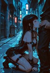 1boy 1boy1girl 1girls ai_generated alley anime_style black_hair blowjob boots citt cleavage closed_eyes corset dark_lighting fellatio female fishnets goth goth_girl gothic hands_on_ground kneeling kneeling_oral_position leather legs long_hair night oral oral_sex pants_down penis_in_mouth public submissive submissive_female sucking sucking_penis zettai_ryouiki
