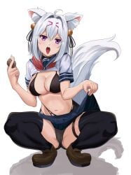 ahoge animal_ear_fluff animal_ears antenna_hair bangs bell black_bikini black_bow black_bra black_footwear black_legwear black_panties black_sailor_collar black_skirt blue_skirt blush bra breasts brown_footwear chocolate cleavage crop_top eyebrows_visible_through_hair female filian_(vtuber) food fox_ears fox_tail full_body hair_bell hair_between_eyes hair_intakes hair_ornament holding holding_food jingle_bell large_breasts lifted_by_self loafers long_hair looking_at_viewer midriff miniskirt navel neckerchief open_mouth panties pleated_skirt purple_eyes red_neckwear ribbon sailor_collar saliva school_uniform serafuku shirt shirt_lift shoes short_sleeves silver_hair simple_background skirt skirt_lift solo spread_legs squatting stomach striped tagme tail thighhighs thighs tiptoes tongue tongue_out underwear very_long_hair white_background white_shirt