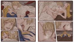2boys 2girls absurd_res anticipation arm_around_partner assertive_female bed bed_sheet between_legs big_breasts biting_lip blonde_hair blush blushing_profusely breast_size_difference breast_sucking breasts chibi chilchuck_tims claws cleavage close-up closed_eyes comic completely_nude cunnilingus delicious_in_dungeon dialogue dragon_tail dream dungeon_meshi ear_blush elf_ears elf_female english_text falin_touden falin_touden_(chimera) fangs fanon_couple fantasizing feathers female flustered full-face_blush fully_clothed green_eyes grey_background half-closed_eyes half-elf hand_in_another's_hair hand_on_another's_chest hand_on_another's_stomach happy_sex highres ijessbest imagining imminent_cunnilingus imminent_oral imminent_sex in_bed laios_touden large_breasts licking licking_neck lighting long_hair looking_at_partner looking_away looking_pleasured lying lying_on_back lying_on_bed lying_on_side marcille_donato mischievous_smile moaning nervous nipples panties panty_pull partially_clothed pointy_ears removing_panties romantic romantic_couple saliva saliva_string sheet_grab sitting sleeping small_breasts smile sound_effects speech_bubble spread_legs sweatdrop tail tears tears_of_joy topless under_covers undressing undressing_another unseen_female_face visible_breath waking_up wet_dream white_border white_panties wholesome yellow_eyes yuri
