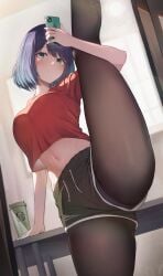 absurdres arm_up black_shorts blue_hair blush cellphone closed_mouth crop_top crop_top_overhang cup drawstring female flexible green_eyes highres holding holding_phone hoshino_ai kurokawa_akane leg_up logo_parody looking_at_viewer mirror navel oshi_no_ko pantyhose phone red_shirt reflection selfie shirt short_hair short_shorts shorts smartphone solo split splits standing standing_on_one_leg standing_split starbucks stomach sweat thighs unnunal_(unneonal)