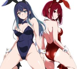 2girls absurdres animal_ears arima_kana ass blue_eyes blue_hair blue_leotard breasts cleavage detached_sleeves fake_animal_ears female highres kneeling kurokawa_akane leotard multiple_girls oshi_no_ko playboy_bunny red_eyes red_hair red_leotard smile strapless strapless_leotard tetsuado thighs white_background