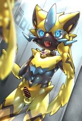 alternate_version_at_source anthro blush blush_lines bodily_fluids bondage censor_bar censored censored_genitalia chain_leash chains clothing collar digital_drawing_(artwork) digital_media_(artwork) generation_7_pokemon hand_on_face hi_res higher_resolution_at_source kinakomochi_199 latex latex_clothing latex_skinsuit leash legendary_pokemon legwear lock_symbol male nintendo open_mouth oral pokemon pokemon_(species) simple_background skinsuit solo solo_male submissive submissive_male suit sweat sweatdrop teeth tight_clothing zeraora