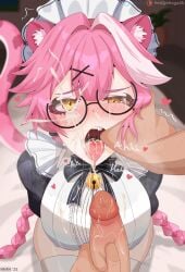 1boy alternate_costume animal_ear_fluff animal_ears apron artist_name bangs bell black_dress blush braid breasts cat_ears censored clothed_sex cum cum_in_mouth cum_on_body cum_on_hair cum_on_tongue cum_on_upper_body dress erection eyebrows_visible_through_hair facial fangs female finger_in_mouth from_above glasses gloves hair_ornament heart heart-shaped_pupils hololive hololive_english hololive_english_-justice- jingle_bell kneeling large_breasts long_hair looking_at_viewer looking_up maid male open_mouth penis pink_hair pink_ribbon raora_panthera sitting solo_focus straight symbol-shaped_pupils tagme tail thick_eyebrows thighhighs tongue tongue_out uncensored veins very_long_hair virtual_youtuber watermark web_address white_legwear yellow_eyes