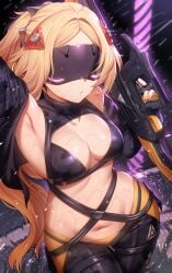 armpits black_gloves black_pants blindfold blonde_hair breasts bullpup cleavage covered_eyes female gloves gun hair_ornament holding holding_gun holding_weapon jacket large_breasts long_hair mask multicolored_clothes navel pants parted_bangs rain solo submachine_gun sweat tagme twintails weapon