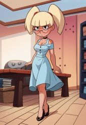 ai_generated alternate_body_build alternate_body_size baby_doll blonde_hair cleavage dc dc_comics glasses high_heels mary_dahl thelightningcrab twintails