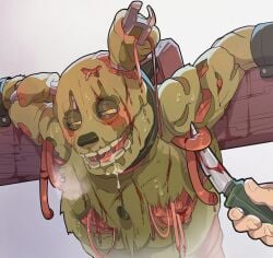 1boy 2025 animatronic blood blush bondage breath breath_cloud bunny bunny_ears color colored cutting digital_drawing_(artwork) digital_media_(artwork) drool drooling five_nights_at_freddy's five_nights_at_freddy's_3 fnaf gore green_body green_fur hi_res high_resolution highres knife knife_play lagomorph leporid male_only open_mouth rabbit rabbit_ears repressed_youth restrained restrained_arms restraints scottgames simple_background solo_focus springtrap_(fnaf) sweat sweatdrop sweating teeth tied_arms tied_hands weapon yellow_eyes