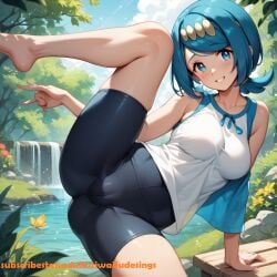 ai_generated aiwaifudesings bike_shorts female lake lana's_mother_(pokemon) leg_up looking_at_viewer pokemon shirt smile smile_at_viewer solo subscribestar_username