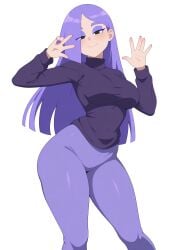 ai_generated at background breasts clothed clothing duolingo emo female fingernails focus fully girl hair hips human light light-skinned lily_(duolingo) looking medium only pants purple skin slim small smartphone solo teasing thin turtleneck viewer waist white wide yoga