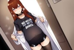 1girls 2025 ai_generated black_clothing blacked blue_eyes cheating cheating_girlfriend choker clothing embrace female female humiliation long_hair makise_kurisu netorare ntr pregnant pregnant_belly pregnant_female raceplay racism racist_woman red_hair smile steins;gate t-shirt text_on_clothing white_body white_skin white_skinned_female