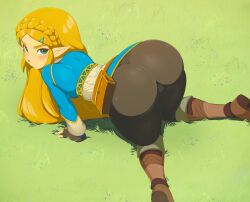 1girls all_fours ass ass_focus being_watched bent_over big_ass blonde_hair blush boots braid breasts breath_of_the_wild cameltoe clothed clothes clothing day female female_focus fingerless_gloves gloves gold_hair grass green_eyes hair_clips hair_ornament highres huge_ass humanoid hylian light_skin looking_at_viewer looking_back merunyaa nintendo outdoors pale_skin pants pointy_ears presenting princess_zelda skin_tight solo sweat sweatdrop the_legend_of_zelda thick_thighs third-party_edit tight_pants wide_hips zelda_(breath_of_the_wild)