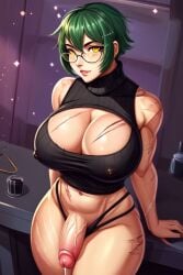 1futa abs ai_generated black_turtleneck cleavage flaccid futanari futanari glasses green_hair large_breasts large_penis looking_at_viewer maki maki_zenin muscular muscular_futanari pants_down penis precum precum_drip precum_string scars short_hair strong tactical_pants thong turtleneck veiny yellow_eyes zenin_maki