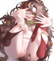 1girls belly_button brown_hair feet female green_eyes heart-shaped_pupil indie_virtual_youtuber medium_breasts monocle nisi_(vtuber) open_mouth owl_girl pussy simple_background soles soles_female solo symbol-shaped_pupil verody_(verody_ver) virtual_youtuber white_background