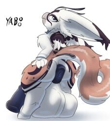 anthro anus ass balls beak big_anus big_balls big_butt big_ears big_penis blue_eyes digitigrade fur genitals hi_res huge_anus huge_balls huge_cock hyper hyper_anus hyper_balls hyper_genitalia hyper_penis looking_at_viewer looking_back male penis puffy_anus short_stack solo spread_butt spreading teacup_gryphon white_body white_fur yaboo