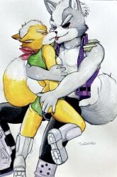 anthro ass blush briefs canid canine canis clothing duo eye_patch eyewear fingering fox fox_mccloud fur grey_body grey_fur grope hi_res interspecies kerchief kissing licking male male/male mammal neckerchief neckwear nintendo nipples orange_body orange_fur star_fox thong tongue topwear ulala_ko underwear vest wolf wolf_o'donnell