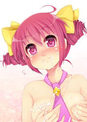 1girls blush bow breasts covering covering_breasts cum cum_in_mouth cum_on_body cum_on_upper_body face facial female hairbow happy_facial heart heart-shaped_pupils hoshizora_miyuki medium_breasts pink_eyes pink_hair precure pretty_cure serizawa_mutsuki short_hair smile smile_precure solo symbol-shaped_pupils tied_hair twintails