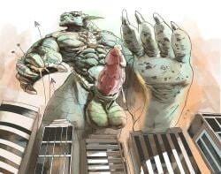 4_toes 5_fingers abrax_(pyronite) abs aircraft anthro balls barefoot biped blackestmanamultis bodily_fluids building building_destruction city city_background city_destruction cityscape claws crush destruction dirty dirty_feet erection extreme_size_difference feet finger_claws fingers genital_fluids genitals green_body hi_res humanoid_genitalia humanoid_penis landscape_dwarfing looming low-angle_view macro macro_anthro macro_male male monster muscular muscular_anthro muscular_male nude outside pawpads paws pecs penile penis precum pyronite(commissioner) rampage reptile scaled_penis scalie size_difference sky soles solo stomping stomping_pov tail teeth toe_claws toes vehicle yellow_eyes