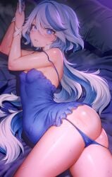 ass bangs bare_shoulders bed bed_sheet blue_eyes blue_panties blush breasts dress eyebrows_visible_through_hair female hair_between_eyes long_hair looking_at_viewer lying multicolored_hair on_bed on_side panties panty_pull parted_lips pillow purple_hair shiny shiny_skin skindentation sleeveless small_breasts solo strap_slip sweat tagme two-tone_hair underwear very_long_hair