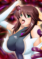 8000 blush breasts brown_hair cum green_eyes large_breasts tentacle tongue