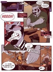 5_fingers absurd_res anal anal_sex animal_noises anthro anus bell black_claws black_facial_hair black_mustache bottomwear buttplug captain_nikko chair chastity_cage chastity_cage_bell chastity_device chirping claws clothing comic dialogue domestic_cat eli_(captain_nikko) eyebrows facial_hair felid feline felis fingers flat_colors fur furniture genitals goatee gold_(metal) gold_chastity_cage gold_chastity_device grey_body grey_fur hi_res humanoid_genitalia humanoid_penis ink male mammal moustache office_chair onomatopoeia pants pen penetration penis plug_(sex_toy) red_text sex_toy solo sound_effects speech_bubble tan_bottomwear tan_clothing tan_pants teeth text thick_eyebrows torn_bottomwear torn_clothing torn_pants unzipped unzipped_pants vein veiny_penis white_body white_fur yellow_sclera zipper