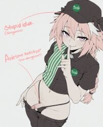 1boy ai_assisted astolfo_(fate) astolfo_(fate/apocrypha) astolfo_(saber)_(fate) baseball_cap black_bow black_headwear black_panties black_shirt blush bow braid closed_mouth clothes_pull collared_shirt crop_top employee_uniform english_text erection fate/apocrypha fate/grand_order fate_(series) finger_to_mouth foreskin grey_background hair_between_eyes hairbow hat index_finger_raised long_braid long_hair looking_at_viewer male_focus midriff multicolored_hair navel oerba_yun_fang official_alternate_costume otoko_no_ko panties pants pants_pull penis pink_hair purple_eyes shirt short_sleeves shushing simple_background single_braid skin_fang smile solo sondu streaked_hair striped striped_shirt thong uncensored underwear uniform white_hair
