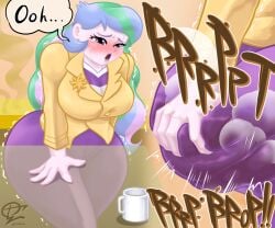 1girls ass ass_focus desk female fully_clothed ichi_cho_ichi_sato multicolored_hair my_little_pony pink_skin princess_celestia_(mlp) purple_eyes scat shit shitting soiling soiling_pants stinky