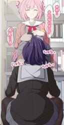 2girls ^_^ arimon_(dfrgty12) asahina_mafuyu backboob between_legs black_pantyhose black_shirt book bookshelf breasts cardigan closed_eyes clothes_lift collarbone commentary_request cunnilingus drop_shadow facing_viewer feet_out_of_frame female from_behind from_below grey_serafuku hair_flaps hair_ornament hair_scrunchie high_ponytail highres indoors lifting_own_clothes medium_breasts miyamasuzaka_girls'_academy_school_uniform multiple_girls neckerchief ootori_emu open_cardigan open_clothes open_mouth oral pantyhose pink_cardigan pleated_skirt ponytail project_sekai purple_hair raised_inner_eyebrows red_neckerchief sailor_collar school_uniform scrunchie serafuku shirt short_hair skirt skirt_lift sound_effects squatting standing standing_cunnilingus sweatdrop translation_request trembling wavy_mouth white_sailor_collar yellow_scrunchie yuri