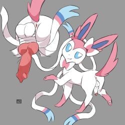 animal_genitalia animal_penis ass balls bedroom_eyes blue_eyes blush blush_lines bow_(anatomy) canine_genitalia canine_penis cute_fangs eeveelution fangs feral flaccid fur generation_6_pokemon genitals hi_res male multicolored_body multicolored_fur narrowed_eyes nintendo pawpads paws penis penis_squeeze penis_tip pink_body pink_fur pokemon pokemon_(species) quadruped raised_paw ribbons_(anatomy) seductive sheath smile solo spec_almond_(artist) sylveon tail teeth vein veiny_penis walking white_body white_fur
