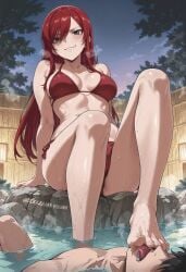 bikini elkazama_yumi erza_scarlet fairy_tail femdom foot_lick foot_worship licking licking_foot onsen