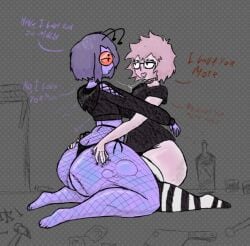 bruise champi_(oc) clothed couple couple_(romantic) fishnets gooring gooring_(oc) kissing kissing kneeling saliva saliva_string saliva_trail simple_background thighhighs