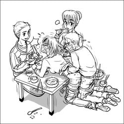 2boys 2girls anal black_and_white blush brother_and_sister casual_nudity casual_sex clothed_sex doggy_style eating female food from_behind gogocherry hair_pull incest korean_text male monochrome multiple_boys multiple_girls onlookers panties pants_pull sex socks sweat tears