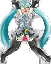 aqua_hair armpits black_legwear black_thighhighs blush bondage brush closed_eyes drool hands hatsune_miku helpless long_hair machine necktie pain panties saliva sex_machine skirt thighhighs tickle_torture tickling tickling_armpits tied_hair torment torture twintails underwear vibrator vocaloid