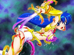 ambiguous_penetration asou_yuuko blue_eyes blue_hair blush breasts clothing covered_penetration implied_penetration implied_sex legs lingerie living_armor living_clothes long_hair medium_breasts mugen_senshi_valis rape sex_under_clothes sex_under_skirt skirt spark_utamaro tears tentacle tentacle_rape tentacle_under_skirt tentacles_under_clothes topless underwear valis