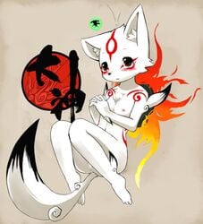 amaterasu animal_ear anthro anthrofied anus barefoot breasts feet female furry issun nipples nude okami paws pussy solo tail toes