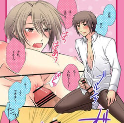 2boys anal blush brown_hair censored gay koizumi_itsuki kyon lowres multiple_boys multiple_views penis suzumiya_haruhi_no_yuuutsu sweat translated yaoi