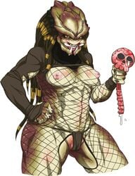 1girls 20th_century_fox alien alien_girl alien_only bone breast breasts cameltoe claws color dreadlocks fangs female female_yautja fishnets gore hairlocs inverted_nipples mandibles nezumi nipples panties predator_(franchise) skull smile spine tears thong underwear white_background yautja