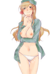 1girls axis_powers_hetalia breasts brown_hair cum cum_on_body cum_on_breasts cum_on_upper_body elizaveta_hedervary female flower green_eyes hair_flower hair_ornament hat hungary_(hetalia) long_hair navel nipples open_clothes open_shirt panties pussy_juice sekihara_umina shirt solo sweatdrop tongue unagi_no_kabayaki underwear uniform wet_panties