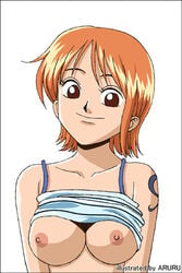 aruru_(artist) breasts brown_eyes collarbone collarbones female female_only nami nami_(classic) nipples one_piece orange_hair pre-timeskip short_hair smile straight_hair tattoo top