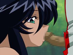 1boy 1girls 2d animated black_hair blowjob censored dark_skin erogos fellatio female green_eyes human human_female human_male human_only ikkitousen kan'u_unchou kanu_unchou loop male oral sex straight