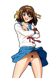 blush brown_hair censored drain no_panties pubic_hair pussy school_uniform short_hair smile suzumiya_haruhi suzumiya_haruhi_no_yuuutsu upskirt