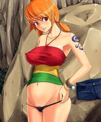 bottomless breasts color denim denim_shorts erect_nipples female female_only halter_top halterneck hyper_heiki jewelry large_breasts log_pose low_twintails mound_of_venus nami navel no_pants one_piece one_piece_film_strong_world orange_hair panties pre-timeskip pubic_hair red_eyes short_twintails shorts smile straight_hair tattoo taut_shirt thong tied_hair twintails underwear