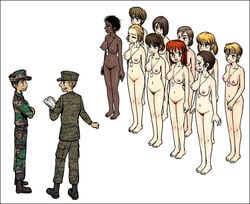 10girls 2boys 6+girls blush breasts camouflage clothed_male_nude_female cmnf colored dog_tags fatigues female gogocherry group hair human inspection male marine marines military multiple_boys multiple_girls nipples nude pubic_hair sex_slave soldier standing sweat take_your_pick uniform unshaved_pussy usmc white_background zenra