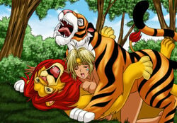 aisha_clanclan aladdin aladdin_(1992_disney_film) artist_request blonde_hair closed_eyes color cowgirl_position crossover dark-skinned_female dark_skin day disney eyes feline female female_on_feral feral from_behind fur grass human_on_feral lion literature long_hair mammal nude open_mouth outdoors outlaw_star pointy_ears public_domain rajah sex simba sky tail the_jungle_book the_lion_king tiara tiger trees uncensored zoophilia