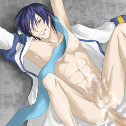 abs blue_eyes blue_hair censored cum cum_inside cum_on_body cum_on_self cum_while_penetrated gay kaito_(vocaloid) kaito_v1 muscular muscular_male penis saliva scarf spread_legs sweat vocaloid vocaloid_1 yaoi